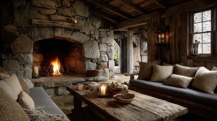 Rustic living room interior with stone fireplace and wooden furniture. Perfect for illustrating cozy homes or rustic interior design concepts.