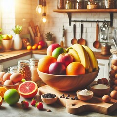 Setting Brightly lit kitchen colorful fruit bowl ingredients for