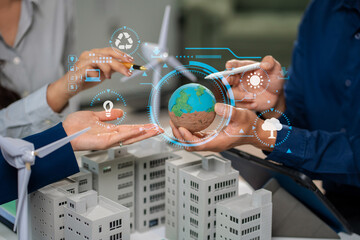 Engineer Teamwork Meeting, with partner on model building at company office working technology,...