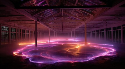 Illuminated room with glowing swirls, old windows, and visible ceiling beams. Ideal for themes of abandoned places, special effects, or abstract art.