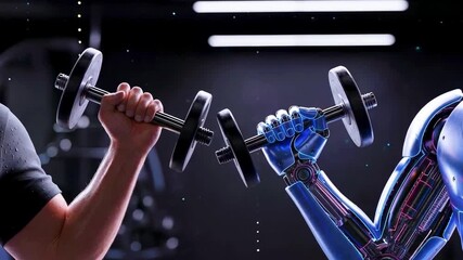 Human and robotic arm lifting a dumbbell together in a gym, showcasing strength and technology - Powered by Adobe