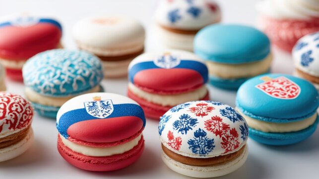 Delicious macarons and muffins crafted in vibrant national flag colors from various countries, showcasing culinary creativity and artistry