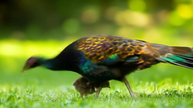 A vibrant Himalayan monal mother bird gracefully protects its chick amidst the lush green grass, illustrating natural beauty.