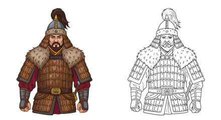 Mongol General Coloring Page with Colored and Outline Depiction Historical Military Figure