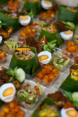 Delicious Indonesian nasi bakar with side dishes, half-boiled egg, chili potato, and vegetables, packed in banana leaves and plastic tray for traditional events or catering.