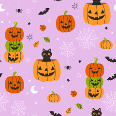 Halloween seamless pattern with pumpkins and black cats. Vector graphics.