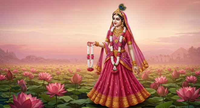 Elegant illustration of Goddess Radha standing in a garden of lotus flowers