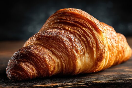 Golden brown croissant with flaky layers on dark wood table. Showcase fresh pastries for bakeries or breakfast promotions online.