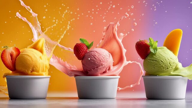 Colorful ice cream scoops in white bowls, featuring vibrant flavors of mango, strawberry, and pistachio, splashes of water creating dynamic motion against a bright orange and purple background