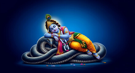 Obraz premium Sleeping Blue Krishna on a Serpent with Peacock Feather Against Blue Background