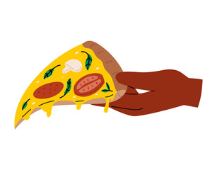 Hand holds a slice of pizza