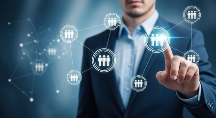 Businessman interacting with a digital network of people icons symbolizing connections and teamwork