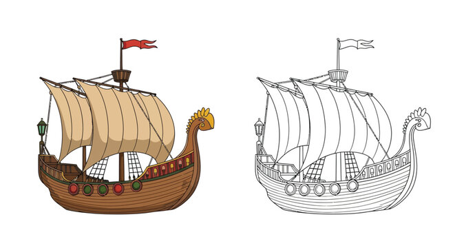 Phoenician Merchant Vessel Coloring Page with Detailed Realistic and Outline Ancient Trade Ship