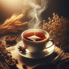 Tea Cup with Herbal Tea A warm cup of herbal tea steam gently ri