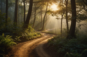 Obraz premium Curved earth trail disappearing into distant golden sunlight surrounded by dense foliage with fog lingering between trees capturing a calming atmosphere with natural glow and warm
