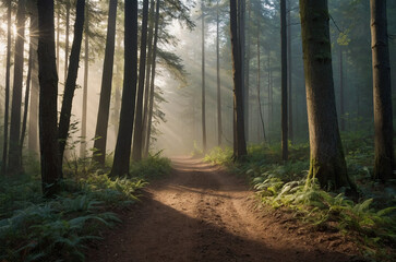 Fototapeta premium Narrow forest trail formed from packed dirt stretching into layered morning mist framed by towering trees and gentle sunlight filtering through creating a calming wilderness scene