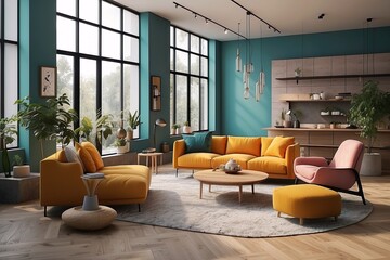 Colorful Modern Living Room with Large Windows