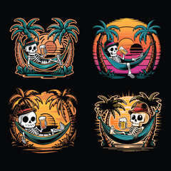 Obraz premium Skeleton relaxing in hammock with beer palm trees beach