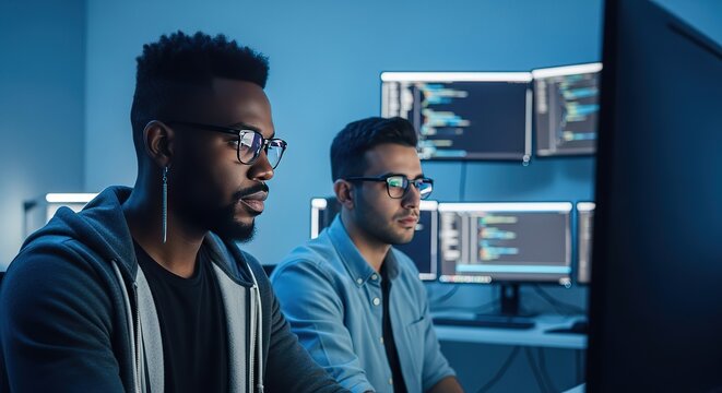 Two diverse programmers collaborate intently in a modern office analyzing code on multiple computer screens