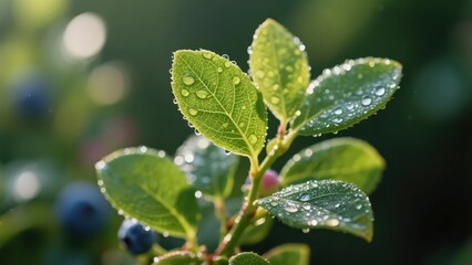 A tea branch with water droplets shows the natural and fresh beauty against the backdrop of a tea field and distant mountains.
