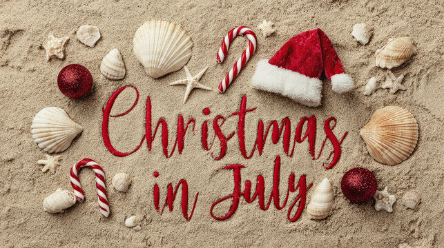 Christmas in July Lettering on Beach Sand with Santa Hat and Seashells