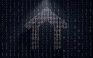 Digital data stream forms an upward pointing arrow shape composed of binary code on a dark background with subtle lighting effects