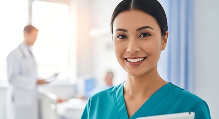 Fototapeta premium Smiling female doctor, teal scrubs, modern hospital, confident, professional healthcare.