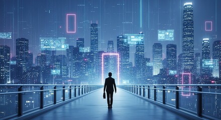 Fototapeta premium Businessman walks on a futuristic skybridge towards a glowing cityscape with digital data overlays