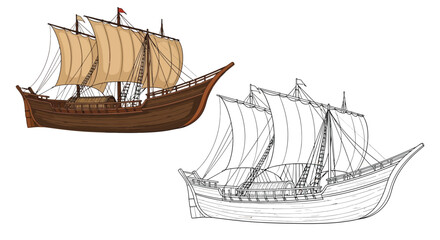 Southeast Asian Balangay Ship Coloring Page with Detailed Colored and Outline Maritime History