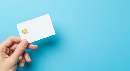 Obraz premium Hand holding blank white credit card, minimalist blue background, copy space.