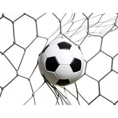 Obraz premium Soccer ball in goal net isolated on a white background png ai generated