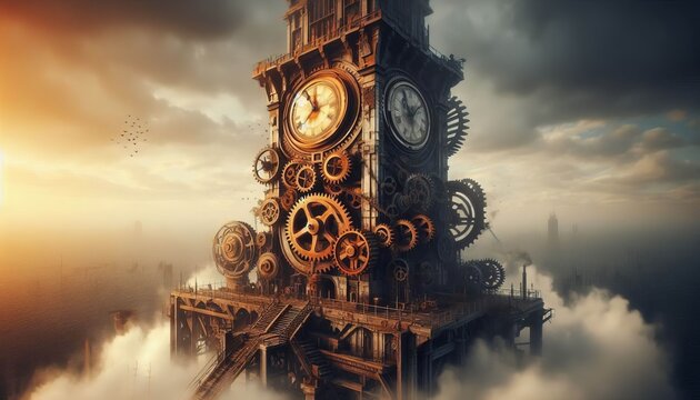 A clock tower with gears the size of buildings their rusted teet