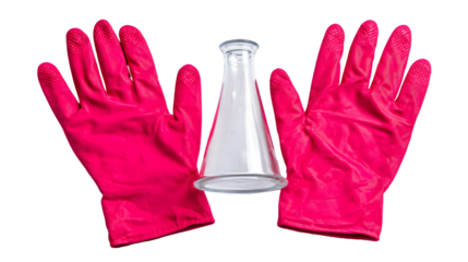 A clear erlenmeyer flask between two pink rubber gloves on a black background in a studio shot