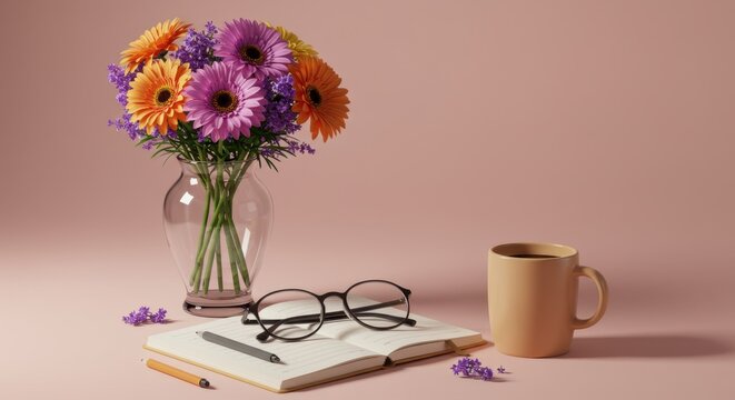 Colorful flower bouquet in glass vase on desk with coffee mug and notebook