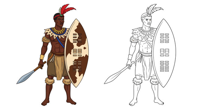 Zulu Warrior Coloring Page with Detailed Colored and Outline Warrior African Military