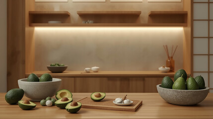 Avocados on Wooden Counter in Warm Japanese-Style Kitchen