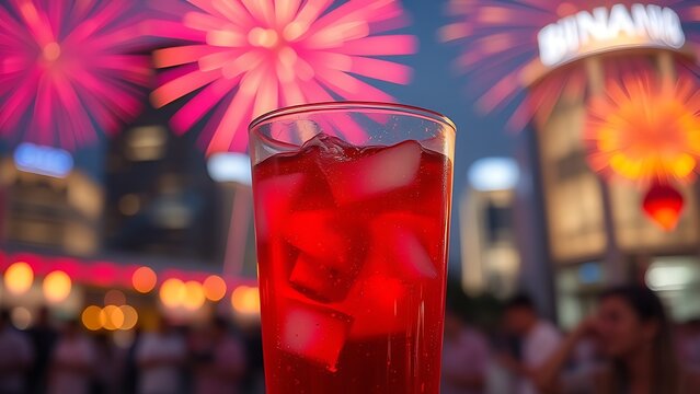 Vibrant fireworks reflected in a chilled Bandung drink, celebrating Singapore National Day with festive lights.