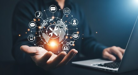 Global network of services and communication icons visualized on a person s hand with a laptop in the background
