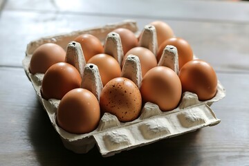 A dozen brown chicken eggs nestled securely in a textured cardboard carton ready for breakfast or baking showcasing natural imperfections