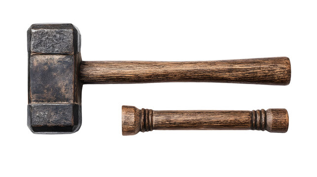 A close up of a sledge hammer with a wooden handle and a wooden bolt on a black background