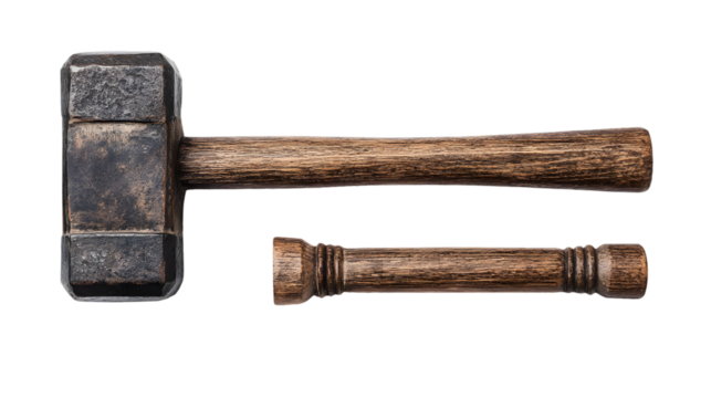A close up of a sledge hammer with a wooden handle and a wooden bolt on a black background