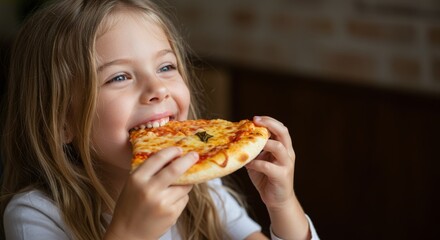 Joyful child enjoying delicious pizza indoors