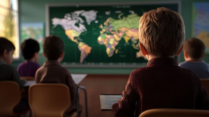 Children attentively learning geography in a classroom with a world map displayed behind them