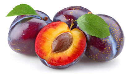 Ripe chinese plums with green leaf isolated on white background.