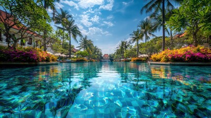 Obraz premium Swimming Pool at Resort with Palm Trees and Buildings