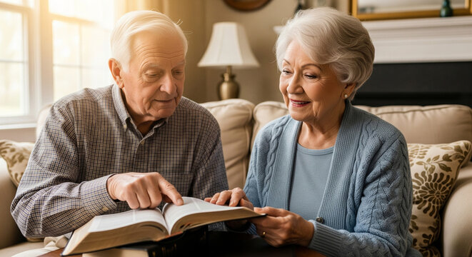 Senior couple studying the Bible and faith at home, reading, studying spiritual scriptures. Elderly man and woman and book for studying Christianity, religion in retirement