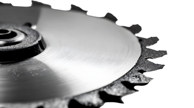 Close up of a circular saw blade with visible teeth and a metallic surface on a black background