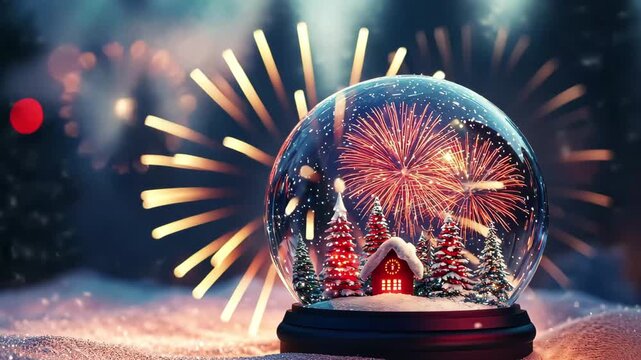 Cherishing the magic of Christmas with a festive snow globe and colorful fireworks, Christmas snow globe and fireworks Last 5 seconds are able 3D render