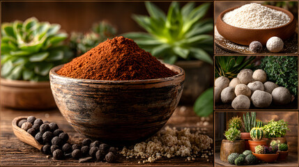 Organic potting soil mix with clay pebbles, coco coir, pumice and akadama for indoor plants, bonsai, succulents and cacti in a terracotta pot. gardening and horticulture background