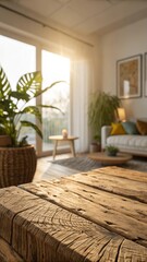 Warm sunlight illuminates a cozy living room with a rustic wooden table and lush green plants